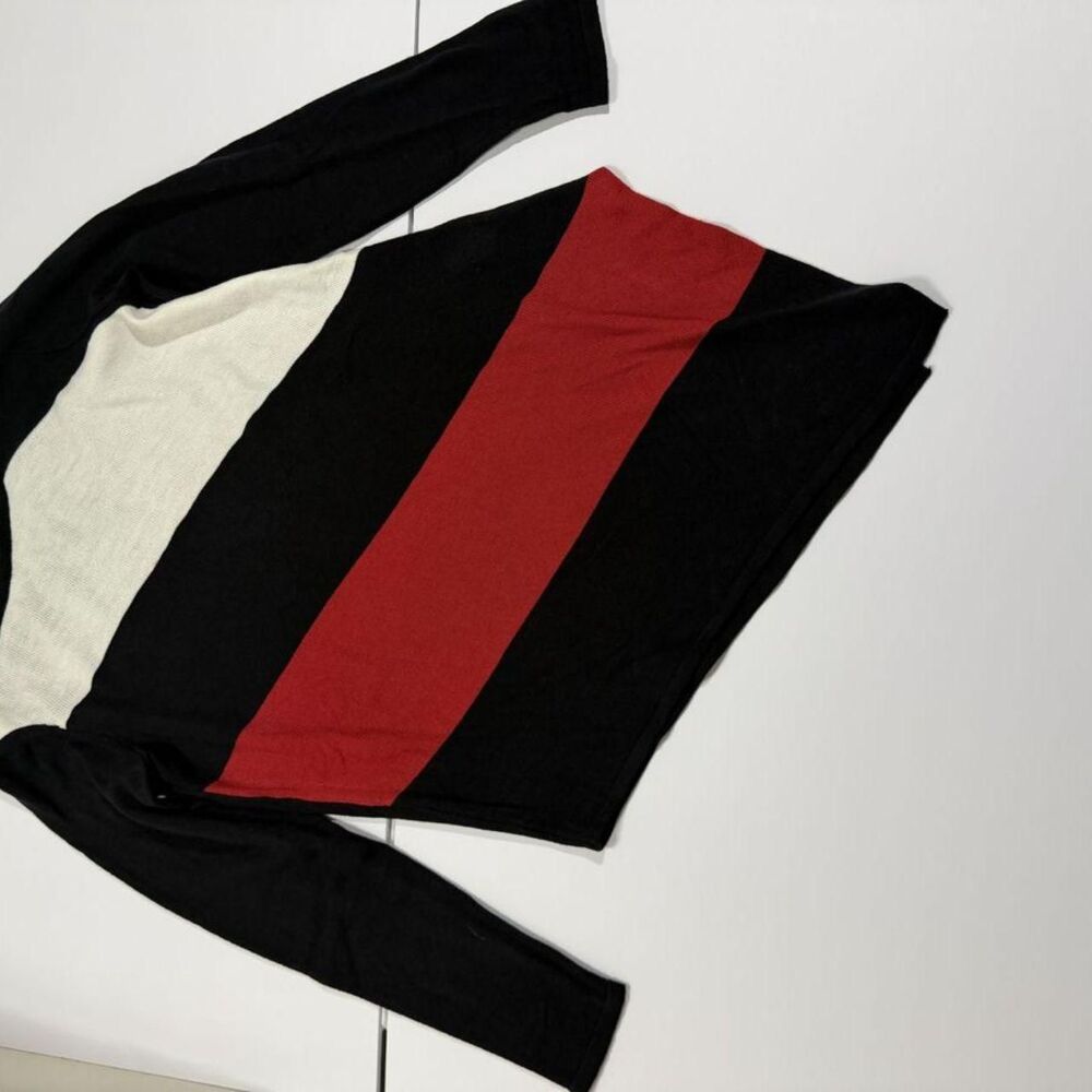 New York & Company Colorblock Asymmetric Sweater Black Cream Red Stripe S